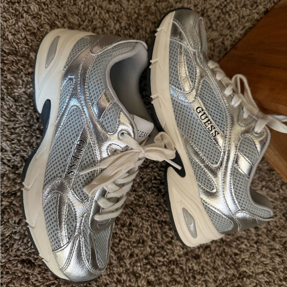 GUESS Metallic Silver Lace-Up Chunky Sneakers